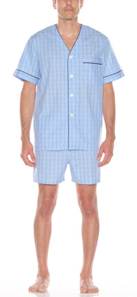Cotton Shorty Pajama In Lt Blue Check