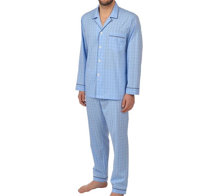 Cotton Long Sleeve Pajama In Blue Plaid