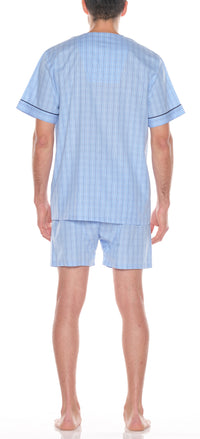 Pyjama short en coton à carreaux bleu clair
