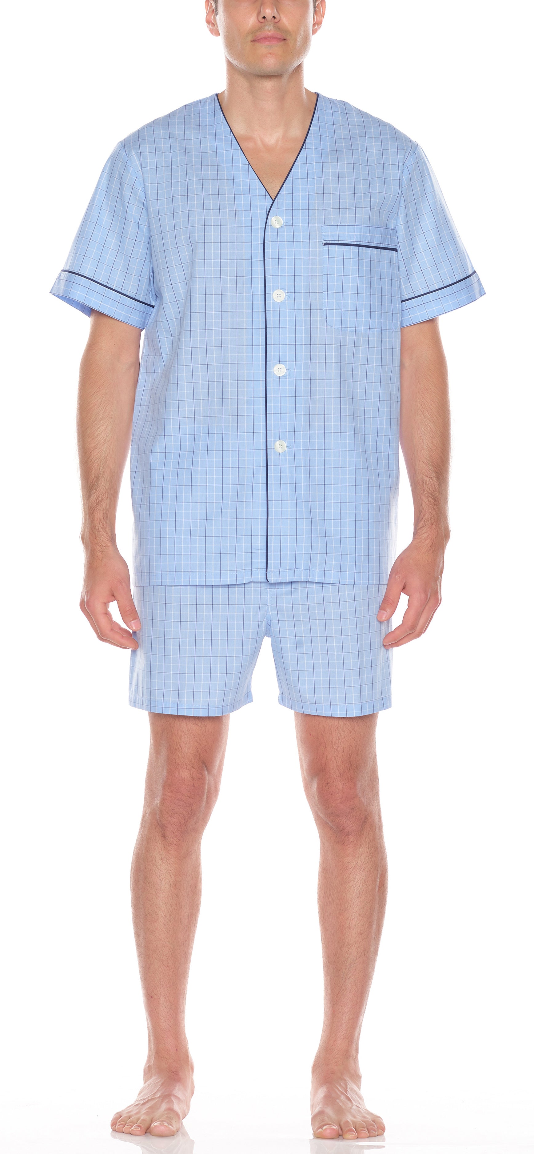 Cotton Shorty Pajama In Lt Blue Check